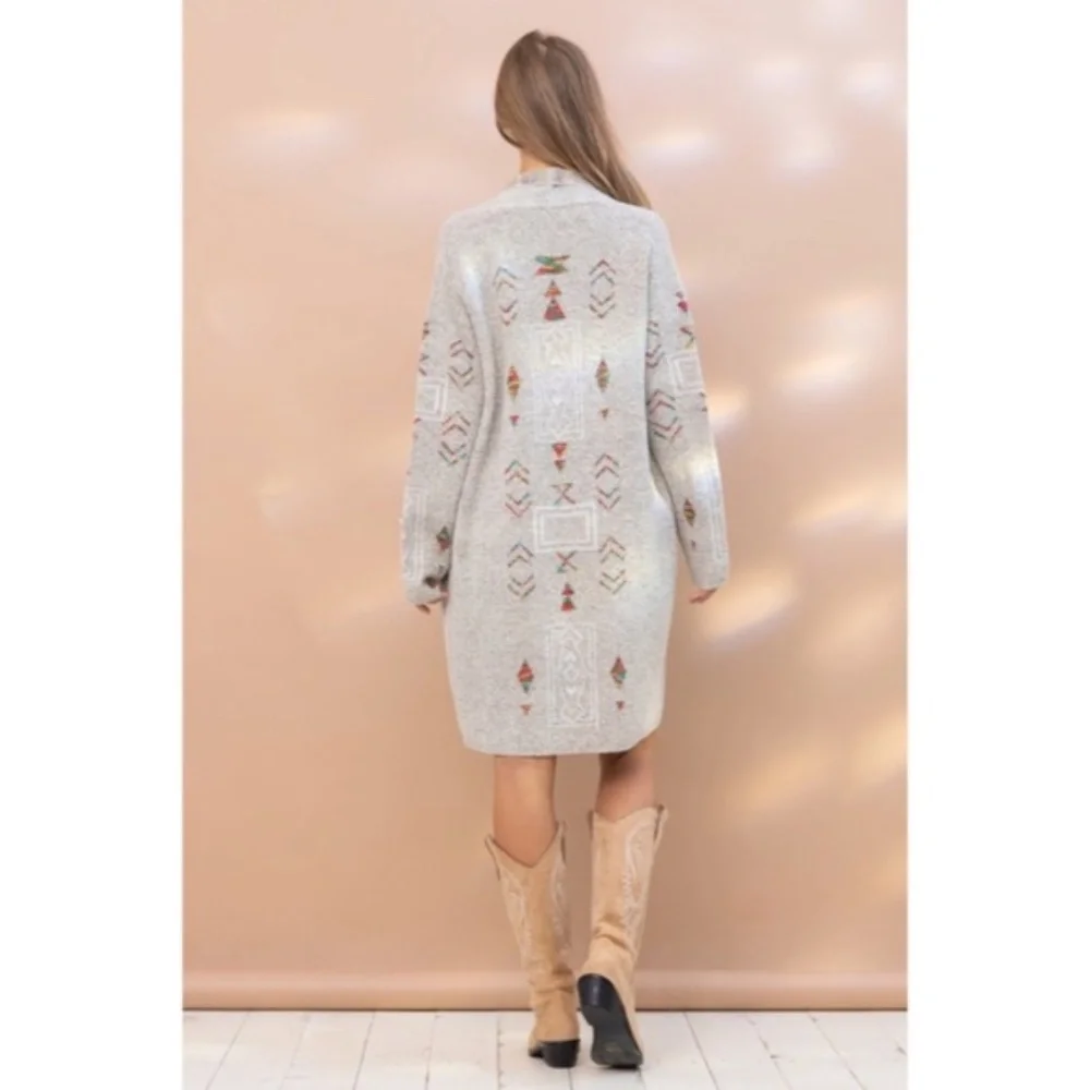 SOLD OUT Gray Colorful Aztec Tribal Western Marled Open Knit Cardigan Long - Picture 9 of 9